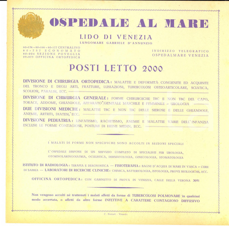 1953 LIDO DI VENEZIA - Ospedale al mare - Pieghevole con listino tariffe 