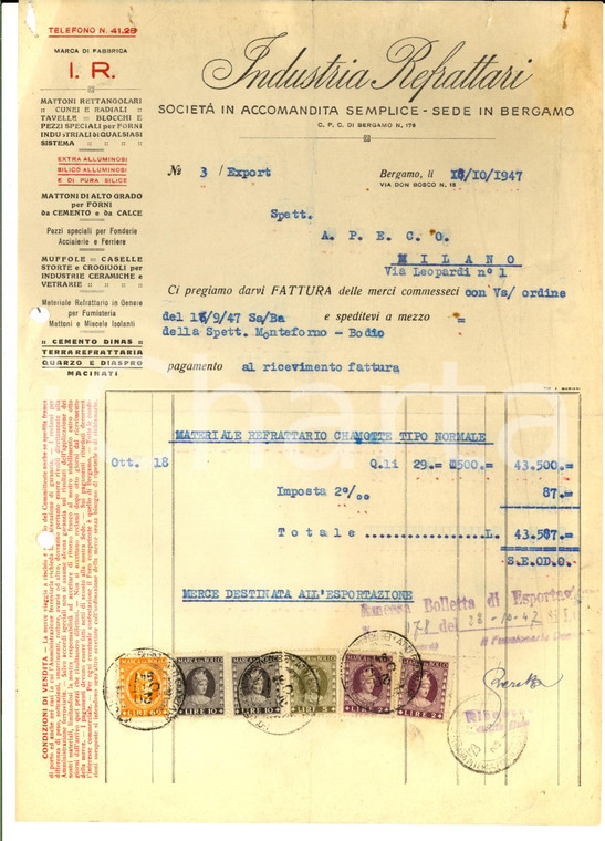 1947 BERGAMO INDUSTRIA REFRATTARI - Fattura per materiale Chamotte *Bolli