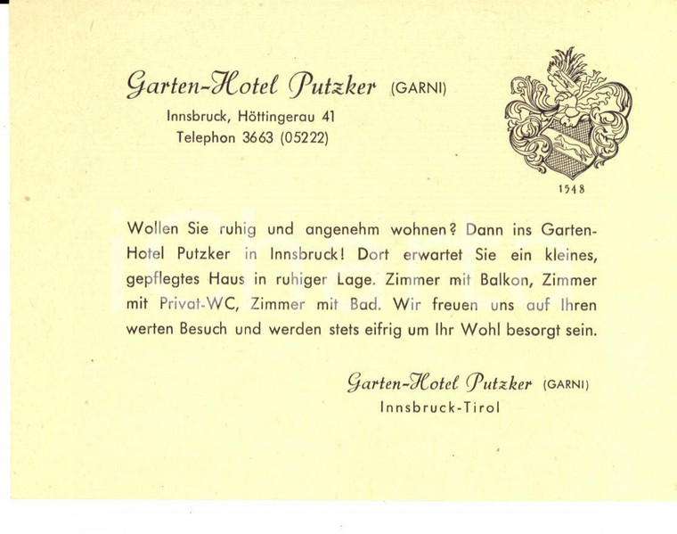 1950 ca INNSBRUCK - GARTEN-HOTEL PUTZKER Volantino pubblicitario TURISMO