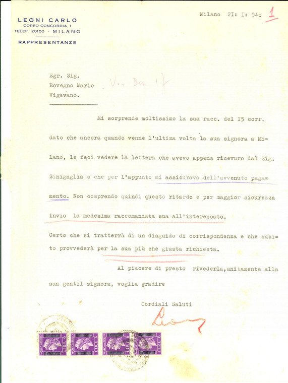 1946 MILANO Carlo LEONI Rappresentanze - Lettera commerciale *Bolli