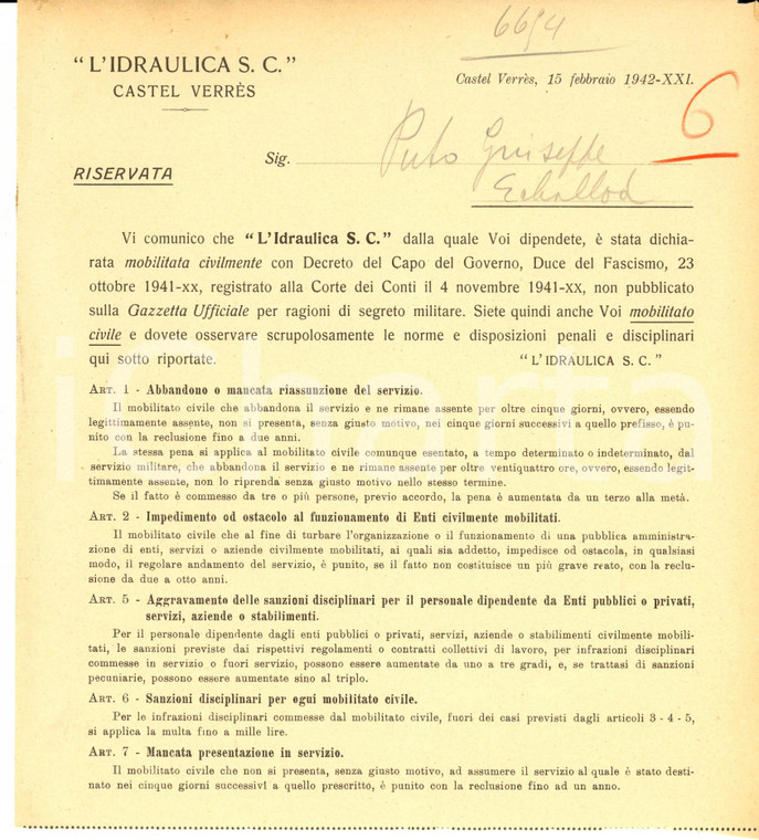 1942 CASTEL VERRES (AO) WW2 Ditta L'Idraulica mobilitata civilmente - Documento
