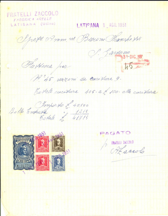 1951 LATISANA Fratelli ZACCOLO Fabbrica arelle *Fattura manoscritta con bolli