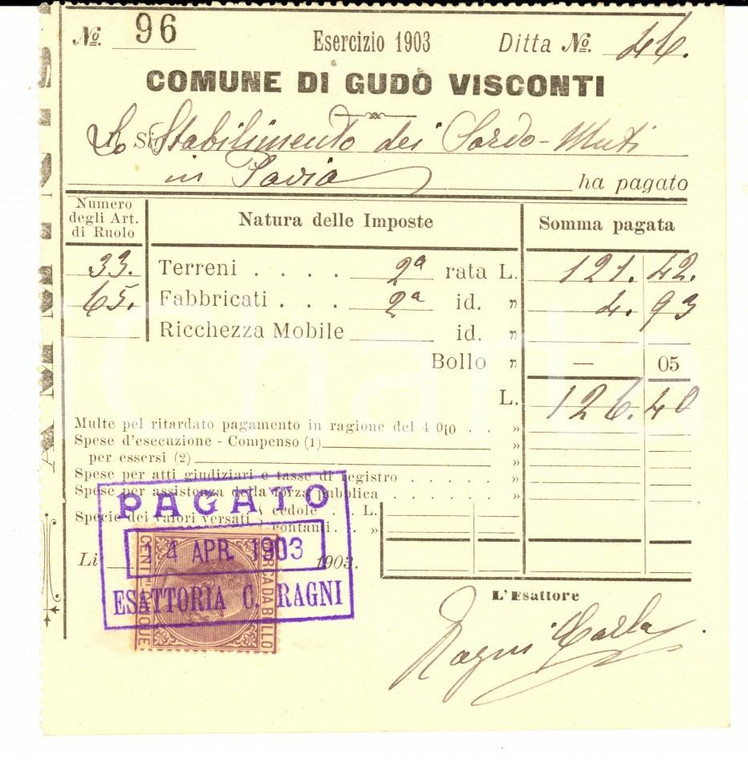 1903 GUDO VISCONTI (MI) Ricevuta censi Istituto Sordomuti *Bolli
