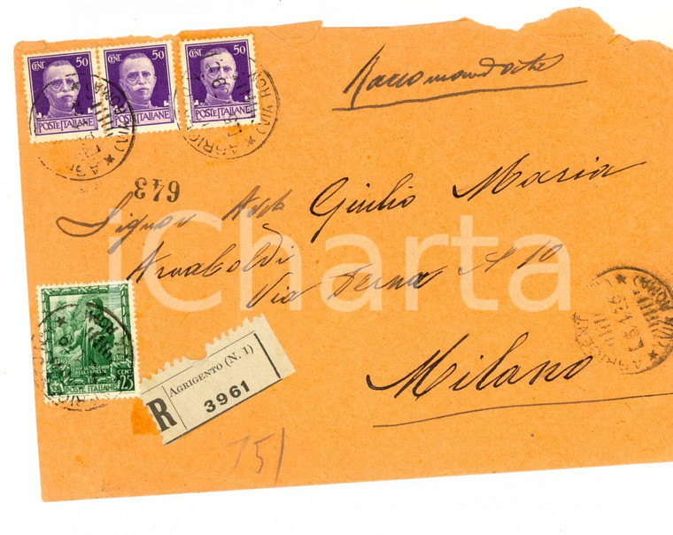 1939 STORIA POSTALE AGRIGENTO Busta 3 x 50 cent. imperiale + 25 cent. Dante