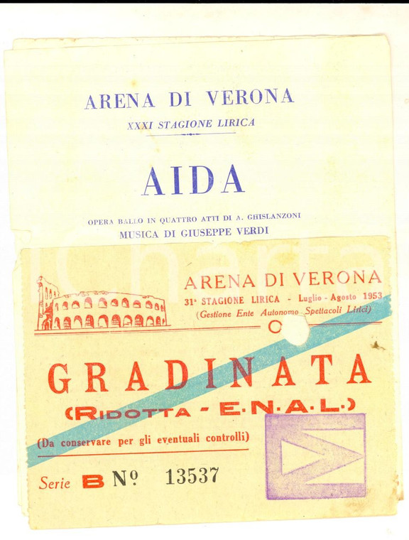 1953 ARENA DI VERONA Biglietto 31^ Stagione Lirica - AIDA