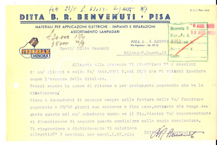 1953 PISA Ditta B. R. BENVENUTI Impianti e lampadari * Fattura intestata