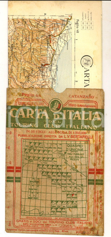 1910 ca TOURING CLUB ITALIANO Carta d'Italia - CATANZARO Foglio n° 48 40x50 cm