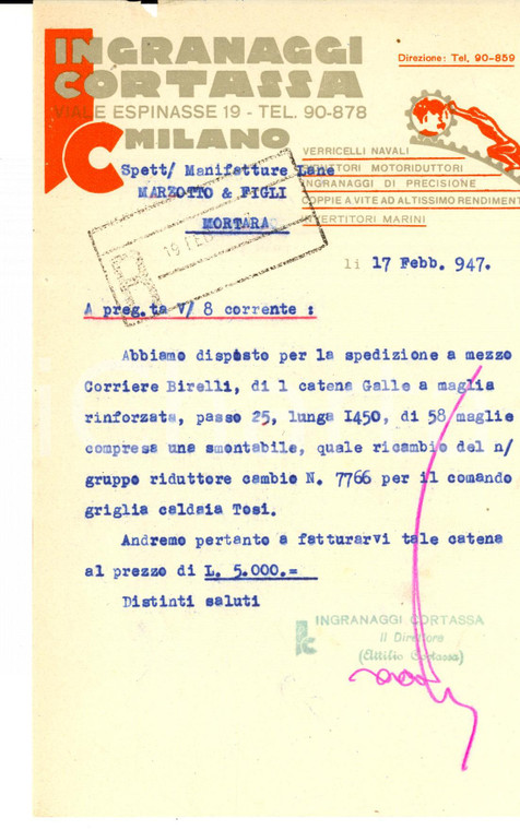 1947 MILANO Ditta Ingranaggi CORTASSA - Lettera per spedizione catene GALLE