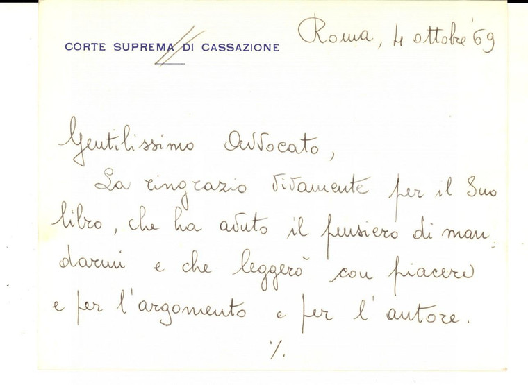 1969 ROMA CORTE DI CASSAZIONE Biglietto magistrato Renato BORRUSO Autografo