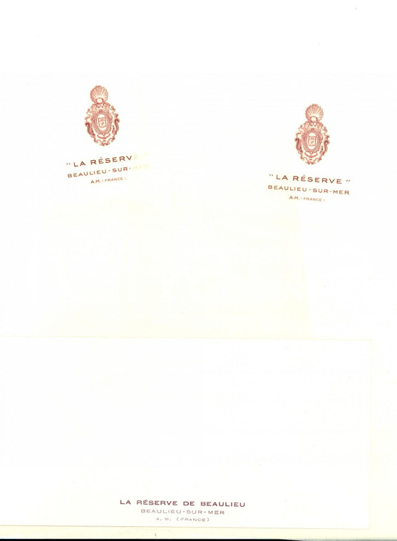 1960 ca BEAULIEU-SUR-MER La Réserve de Beaulieu *Lotto 2 fogli carta intestata