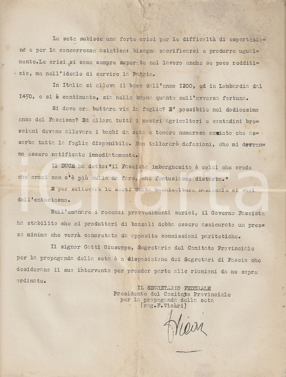 1934 PNF BRESCIA Propaganda pro campagna bacologica e vendita onciato