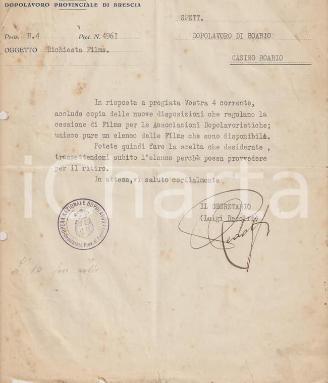 1927 OND BOARIO Lettera Luigi REDOLFI sulla cessione dei film al dopolavoro
