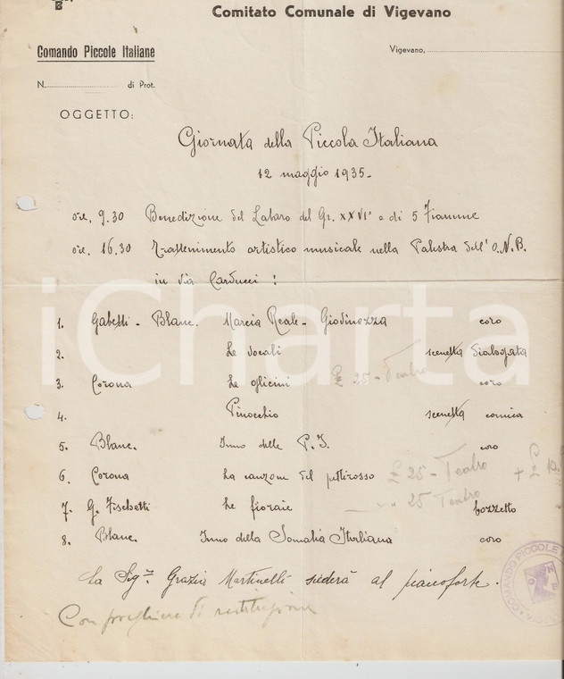 1935 ONB VIGEVANO Giornata della Piccola Italiana - Programma musicale