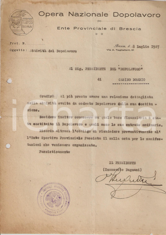 1927 OND BRESCIA Lettera Innocente DUGNANI per relazione su attività locali