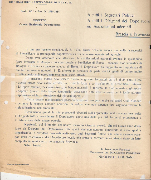 1928 OND BRESCIA Lettera sulla propaganda alle masse operaie e agricole
