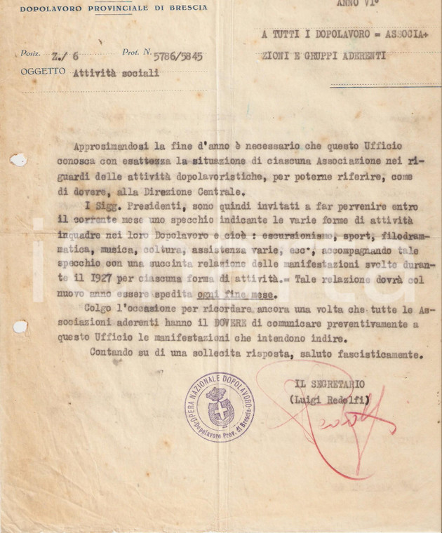1927 OND BRESCIA Luigi REDOLFI chiede relazione su attività locali *Lettera
