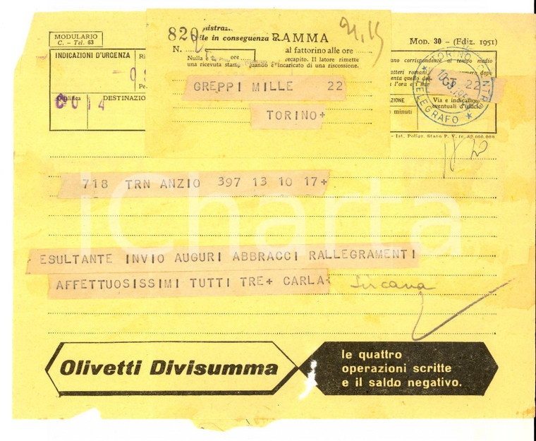 1953 TORINO Telegramma pubblicitario OLIVETTI DIVISUMMA - YOMO *VINTAGE