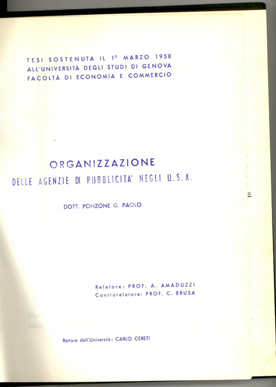 1958 Università GENOVA Gian Paolo PONZONE Tesi laurea - Agenzie pubblicità USA