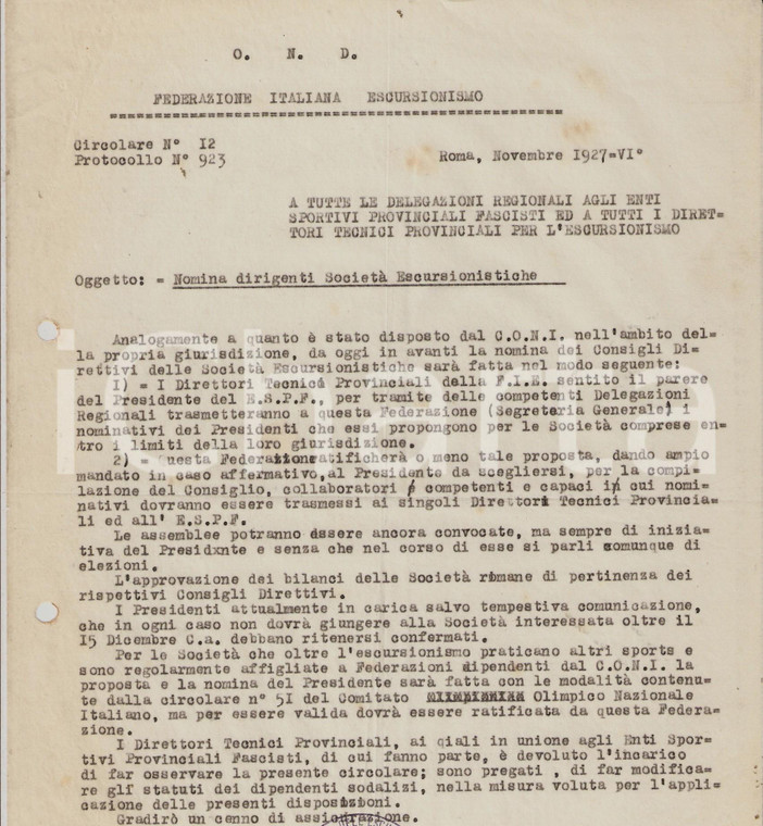 1927 OND ROMA Nomina dirigenti delle società di escursionismo *Lettera