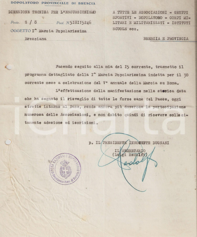 1927 OND BRESCIA Lettera sulla 1^ Marcia Popolarissima Bresciana *Luigi REDOLFI