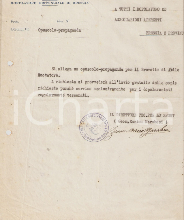 1928 OND BRESCIA Opuscolo propaganda per nuotatori *Lettera Enrico MARCHESI