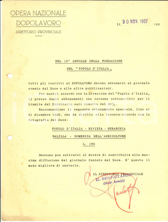 1927 OND BRESCIA Obbligo di abbonamento al POPOLO D'ITALIA per 13° annuale