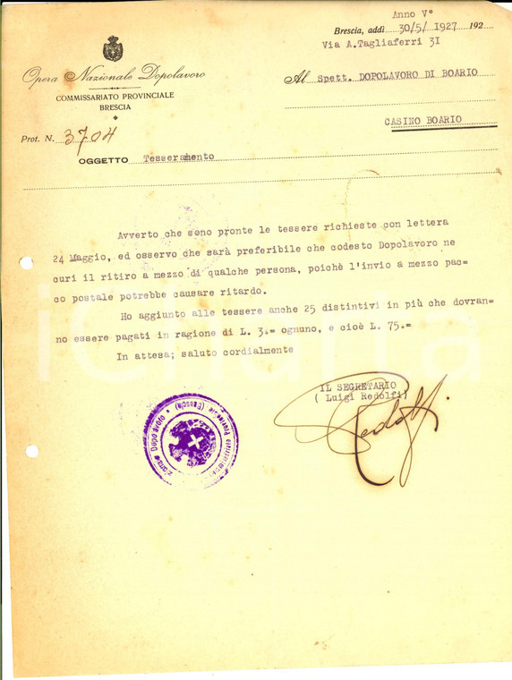 1927 OND BRESCIA Tessere per la sede di DARFO BOARIO e istruzioni per il ritiro