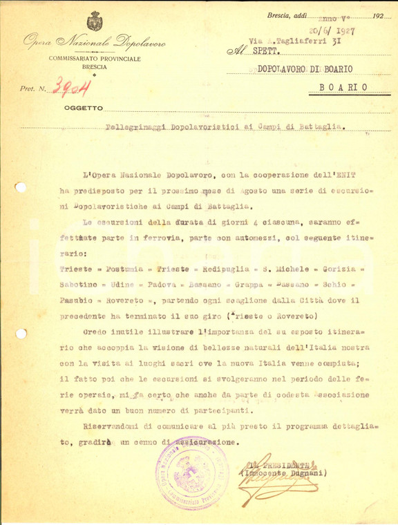 1927 OND BRESCIA Pellegrinaggi dopolavoristici ai campi di battaglia *Lettera