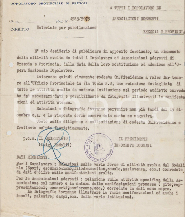 1928 OND BRESCIA Innocente DUGNANI chiede relazione su attività dopolavoristiche