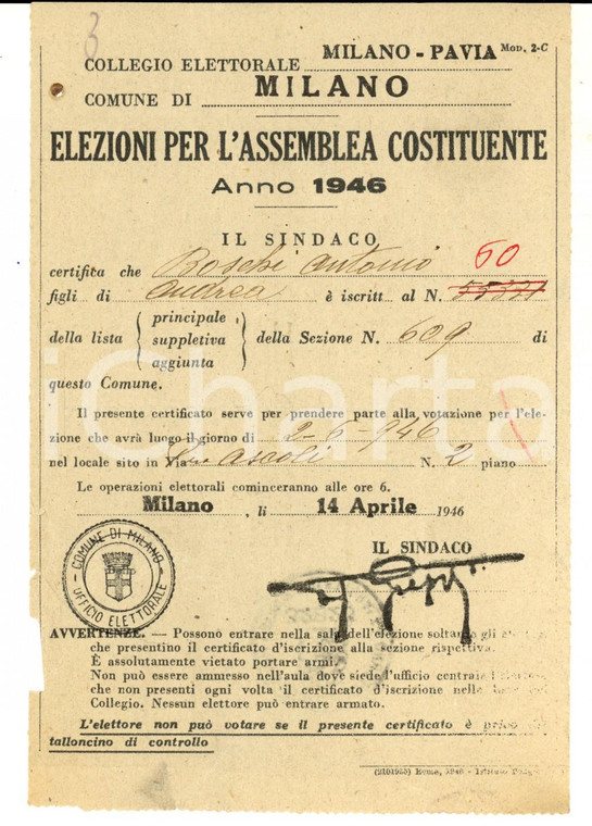 1946 MILANO ELEZIONI AMMINISTRATIVE Certificato elettorale BOSCHI *Documento