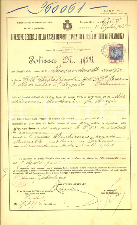 1925 MOSCIANO SANT'ANGELO Polizza deposito Antonio MARCHIONNE pro confraternita