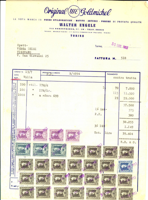 1953 TORINO Penne ORIGINAL GOLDMICHEL Walter ENGELE *Fattura con bolli