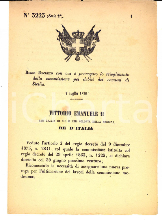 1876 SICILIA Regio Decreto per scioglimento commissione pei debiti dei comuni