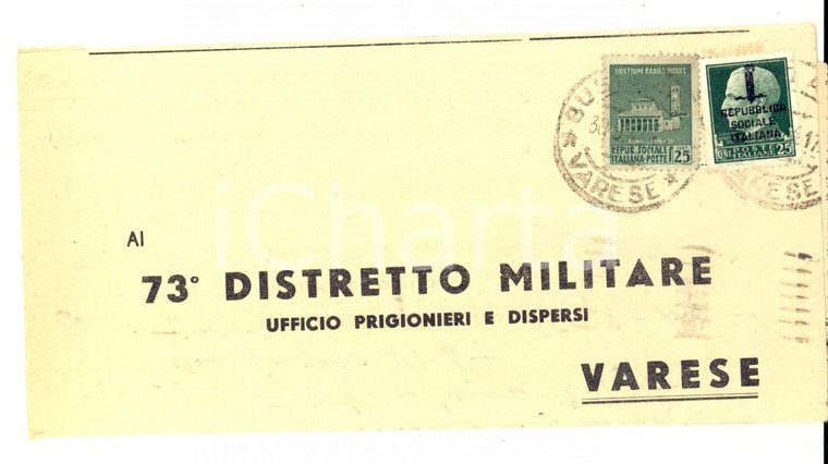 1944 STORIA POSTALE RSI BUSTO ARSIZIO Modulo PRIGIONIERI 25 cent. sovrastampa