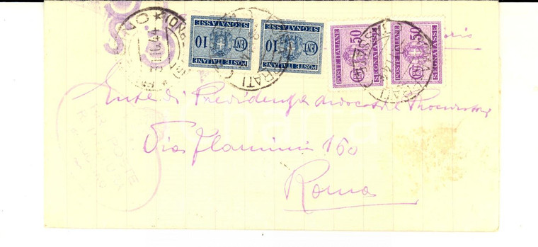 1944 STORIA POSTALE BUCCINO Piego affrancato coppia cent. 10 + 50 SEGNATASSE