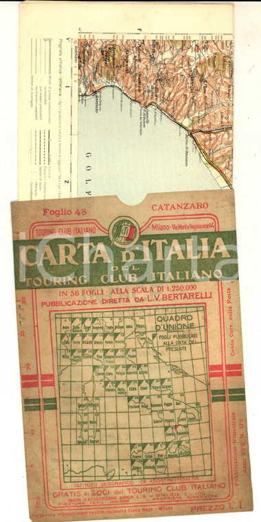 1911 TOURING CLUB ITALIANO Carta d'Italia - CATANZARO Foglio n° 48 40x50 cm