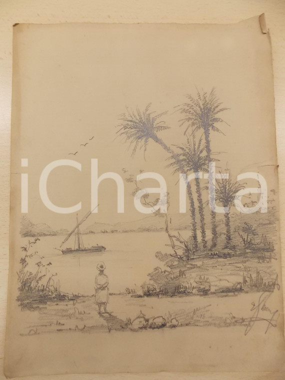 1960 ca ARTE Paesaggio tropicale con nave *Disegno a matita 24x32 cm