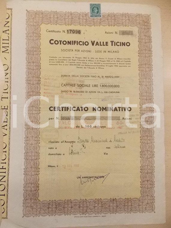 1962 MILANO Cotonificio VALLE TICINO spa *Certificato nominativo 3000 azioni