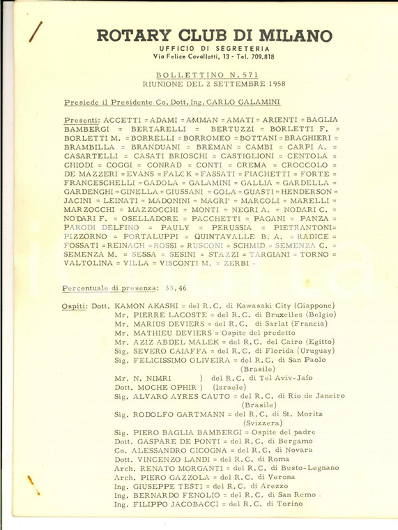 1958 MILANO ROTARY CLUB Bollettino n° 571 Riunione ricordo Mario ALBERTI
