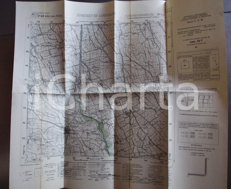 1950 ca Istituto Geografico Militare CARTA D'ITALIA - BORGHETTO LODIGIANO *Mappa