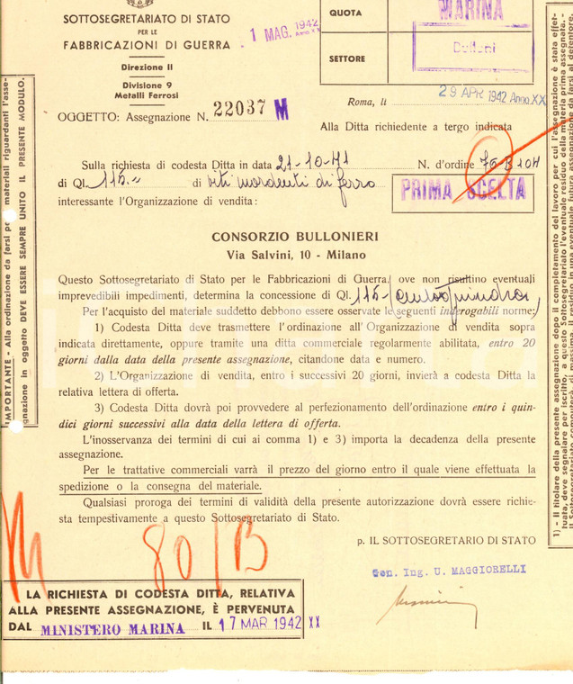 1942 WW2 FABBRICAZIONI DI GUERRA Richiesta ditta REDAELLI di MILANO per viti