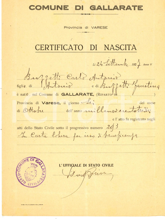 1927 GALLARATE (VA) STATO CIVILE - Certificato di nascita Carlo Antonio BUZZETTI