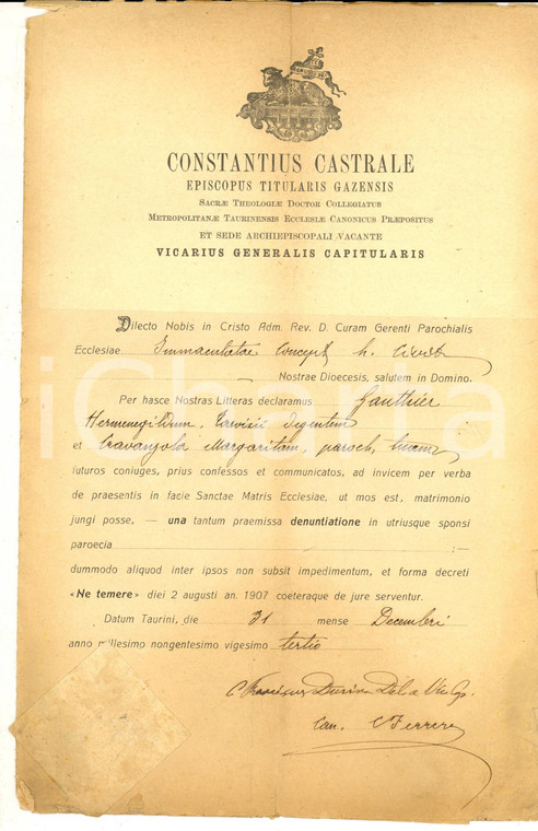 1923 TORINO Nozze Ermenegildo GAUTHIER - Margherita CRAVANZOLA *Mons. CASTRALE