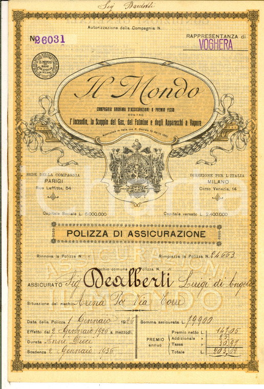 1926 ARENA PO (PV) Compagnia IL MONDO Polizza Luigi DEALBERTI per industria soda