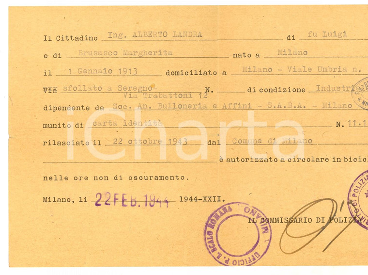 1944 WW2 RSI MILANO Autorizzazione sfollato Alberto LANDRA a circolare in bici