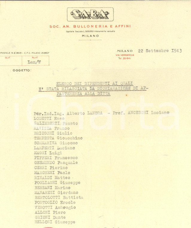 1943 WW2 MILANO Soc. An. BULLONERIA Dipendenti con dichiarazione appartenenza