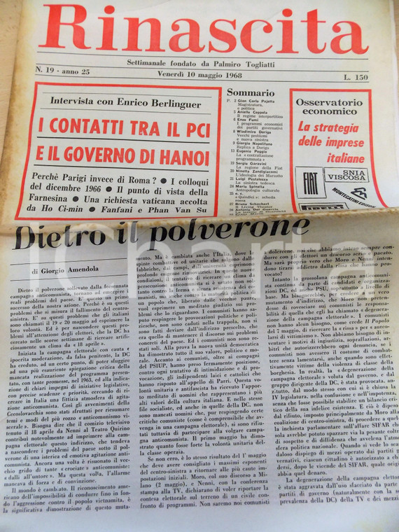 1968 RINASCITA Enrico BERLINGUER sulla questione VIETNAM *Anno 25 n° 19