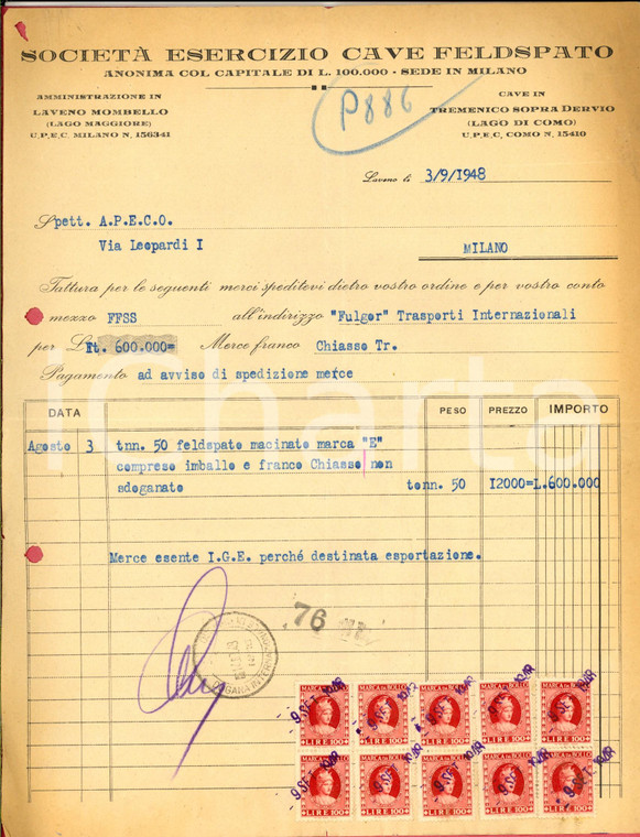 1948 LAVENO Società Esercizio CAVE FELDSPATO Fattura per macinato *Bolli