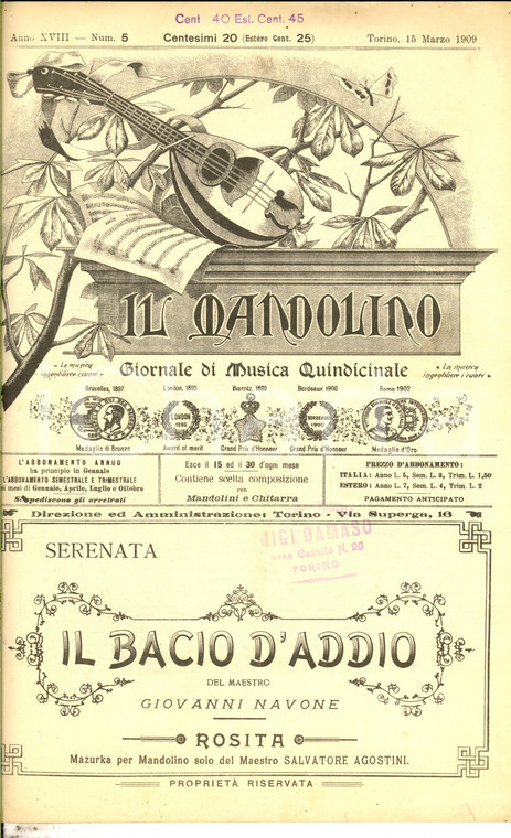 1909 IL MANDOLINO Serenata Giovanni NAVONE Il bacio d'addio *Spartito n° 5
