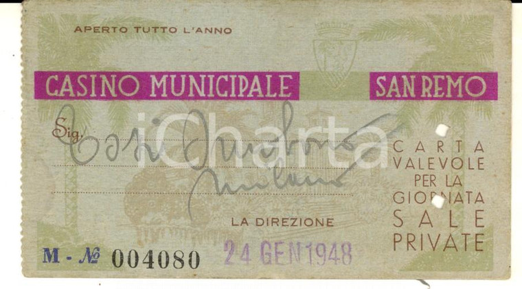 1948 SANREMO (IM) Casinò municipale *Biglietto d'ingresso per sale private